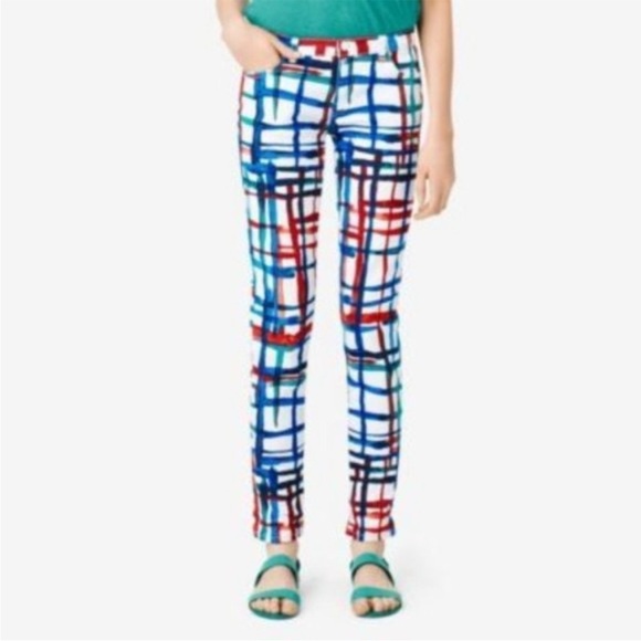Kate Spade SATURDAY Red Blue White Painted Plaid Skinny Pants Sz 26 - Picture 1 of 13